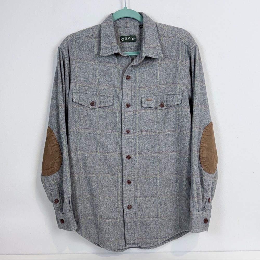 Orvis Grey Plaid Flannel Shirt Microfiber Elbow Patches M